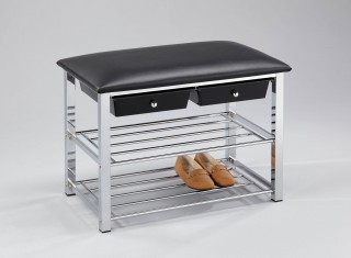 2-Tier Shoes Rack Bench with 2 drawers - SR008B | ,PVC leather seat pad, 2 chrome metal tiers and 2 drawers .